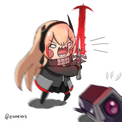 Rule 34 | 1girl, black jacket, black skirt, blonde hair, blush stickers, chibi, commentary, crucible (doom), dinergate (girls&#039; frontline), doom (series), energy sword, english commentary, exonessis, girls&#039; frontline, headgear, highres, holding, holding sword, holding weapon, jacket, long hair, long sleeves, m4 sopmod ii jr, multicolored hair, open mouth, pleated skirt, red hair, scarf, sharp teeth, simple background, skirt, streaked hair, sword, teeth, v-shaped eyebrows, weapon, white background, wide oval eyes