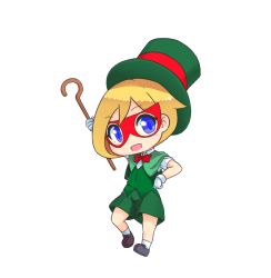 Rule 34 | 1girl, :d, arcana heart, black footwear, black hat, blonde hair, bow, bowtie, chibi, dorothy albright, gloves, green shirt, green skirt, hat, holding, holding scepter, looking at viewer, masked, open mouth, pecka, red bow, red bowtie, scepter, shirt, short hair, short sleeves, simple background, skirt, smile, solo, top hat, white background, white gloves, white legwear