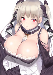 Rule 34 | 1girl, absurdres, artist request, azur lane, bare shoulders, black dress, blush, bow, breasts, cleavage, collarbone, detached collar, dress, formidable (azur lane), frills, grey hair, hair ribbon, highres, huge breasts, jewelry, long hair, looking at viewer, medal, red eyes, ribbon, twintails, two-tone dress, very long hair, white dress