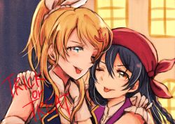 Rule 34 | 10s, 2girls, ;p, anchor hair ornament, ayase eli, bandana, black hair, blonde hair, blue eyes, braid, dancing stars on me!, gloves, hair ornament, hair ribbon, lilylion26, love live!, love live! school idol project, multiple girls, one eye closed, pirate costume, ponytail, ribbon, sonoda umi, tongue, tongue out, trick or treat, upper body, yellow eyes