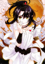 Rule 34 | 1boy, androgynous, ashura (rg veda), black hair, dress, elf, jewelry, looking at viewer, male focus, necklace, pointy ears, ponytail, rg veda, solo, takayama mizuki, trap, yellow eyes