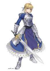 Rule 34 | 1girl, ahoge, armor, armored boots, armored dress, artoria pendragon (all), artoria pendragon (fate), blonde hair, blue dress, blue ribbon, boots, braid, breastplate, breasts, closed mouth, commentary request, dress, excalibur (fate/stay night), fate/stay night, fate (series), full body, gauntlets, green eyes, grey footwear, hair ribbon, highres, holding, holding sword, holding weapon, juliet sleeves, long dress, long sleeves, looking at viewer, mondi hl, puffy sleeves, ribbon, saber (fate), short hair, simple background, solo, standing, sword, twitter username, weapon, white background