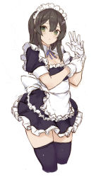 Rule 34 | 1girl, :&lt;, absurdres, adjusting clothes, adjusting gloves, alternate costume, apron, black dress, black hair, black thighhighs, blue ribbon, blush, closed mouth, collarbone, cropped legs, dress, enmaided, frilled hairband, frills, gloves, green eyes, hair between eyes, hair ornament, hairband, hairclip, highres, kantai collection, long hair, maid, maid apron, maid headdress, neck ribbon, one-hour drawing challenge, oyashio (kancolle), revision, ribbon, ryo (tg290), short sleeves, simple background, solo, thighhighs, white apron, white background, white gloves, white hairband
