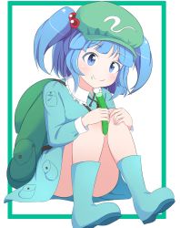 Rule 34 | 1girl, backpack, bag, blue eyes, blue footwear, blue hair, blue shirt, blue skirt, boots, border, commentary, convenient leg, cucumber, flat cap, food, food on face, green border, green hat, hair bobbles, hair ornament, hat, highres, holding, holding food, kawashiro nitori, knees to chest, knees together feet apart, light blush, long sleeves, looking down, looking to the side, no socks, outside border, rubber boots, shirt, short hair, simple background, sitting, skirt, smile, solo, touhou, two side up, ukigori, white background
