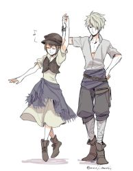 Rule 34 | 1boy, 1girl, bad id, bad twitter id, brown hair, closed eyes, couple, dancing, dress, full body, hat, jewelry, long hair, monji samonji, necklace, octopath traveler, octopath traveler i, shirt, short hair, simple background, smile, therion (octopath traveler), tressa (octopath traveler)