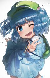 Rule 34 | absurdres, collared dress, dress, green hat, grey background, hat, highres, jewelry, kawashiro nitori, key, key necklace, monosenbei, necklace, simple background, solo, tagme, touhou, white background