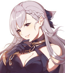 Rule 34 | 1girl, azur lane, bad id, bad pixiv id, bangle, bare shoulders, belfast (azur lane), belfast (the noble attendant) (azur lane), black gloves, black ribbon, bracelet, braid, breasts, chain, cleavage, dress, elbow gloves, evening gown, french braid, gloves, hair ribbon, hand on own chin, head tilt, highres, jewelry, looking at viewer, purple eyes, pursed lips, ribbon, saibe, sidelocks, silver hair, smile, solo