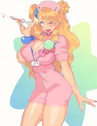 Rule 34 | 1girl, arm behind back, asymmetrical bangs, blonde hair, blue eyes, blue scrunchie, blush stickers, bow, bracelet, breasts, bright pupils, candy, choker, cleavage, collarbone, commentary, covered erect nipples, cowboy shot, food, galko, hair bun, hair over shoulder, hand up, heart, heart-shaped ornament, heart choker, highres, holding, holding syringe, id card, inkerton-kun, jewelry, large breasts, lollipop, long hair, nail polish, one eye closed, open mouth, oshiete! galko-chan, pencil skirt, pink nails, pink shirt, pink skirt, polka dot, polka dot bow, puffy nipples, red bow, red choker, scrunchie, shirt, short sleeves, side ponytail, simple background, single side bun, skirt, skirt set, sleeves rolled up, smile, solo, sparkle, standing, star (symbol), swept bangs, swirl lollipop, symbol-only commentary, syringe, teeth, unworn bow, very long hair, wavy hair, white background, white pupils, wing collar
