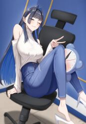 Rule 34 | 1girl, absurdres, black hair, blue eyes, blue hair, breasts, chair, denim, ear piercing, hair intakes, high-waist pants, high heels, highres, hololive, hololive english, indoors, jeans, knees up, large breasts, long hair, looking at viewer, multicolored hair, one eye closed, ouro kronii, ouro kronii (casual), pants, piercing, sitting, solo, sweater, turtleneck, turtleneck sweater, two-tone hair, virtual youtuber, white footwear, white sweater, zenya