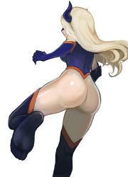 Rule 34 | 10s, 1girl, ass, blonde hair, bodysuit, boku no hero academia, breasts, closed mouth, domino mask, feet, female focus, from behind, gloves, horns, leg up, long hair, mask, mount lady, no shoes, simple background, skin tight, soles, solo, standing, standing on one leg, superhero costume, thighhighs, toes, white background
