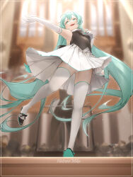 Rule 34 | 1girl, absurdres, after0217, bare shoulders, blurry, blurry background, character name, dancing, dress, elbow gloves, from below, full body, gloves, gramophone miku, green eyes, green hair, hair between eyes, hatsune miku, high heels, highres, light particles, long hair, looking ahead, miku symphony (vocaloid), open mouth, panties, skindentation, smile, solo, standing, standing on one leg, strapless, strapless dress, thighhighs, thighs, twintails, underwear, very long hair, vocaloid, white panties, white thighhighs