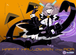 Rule 34 | 1girl, ada lovelace, android, black bow, black footwear, black gloves, black skirt, black thighhighs, black vest, bow, breasts, brown hair, candy, character name, cleavage, elbow gloves, food, gloves, halloween, happy halloween, high heels, holding, holding candy, holding food, kikuchi michitaka, leaning to the side, logo, looking at viewer, medium breasts, navel, official art, puffy short sleeves, puffy sleeves, purple eyes, short hair, short sleeves, shrug (clothing), sitting, skirt, smile, taiyoukei sf bouken taizen supeope!, thighhighs, vest, wrist cuffs
