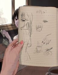 Rule 34 | 2girls, black eyes, black hair, book, bookmark, cafe, closed mouth, commentary request, cup, drawing (object), dress, empty eyes, highres, holding bookmark, indoors, long hair, looking at viewer, looking back, multiple girls, notebook, old, old woman, open book, potpourri-san (vocaloid), pov, pov hands, short sleeves, song name, split theme, table, teacup, translation request, utatane (roko utatane0), vocaloid, white dress, window