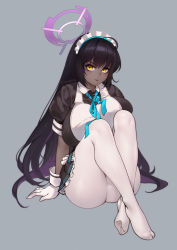 Rule 34 | 1girl, apron, arm support, ass, black hair, blue archive, breasts, dark-skinned female, dark skin, gloves, grey background, halo, highres, karin (blue archive), knees to chest, large breasts, legs, long hair, maid, maid day, pantyhose, simple background, sitting, solo, tomathao, twitter username, very long hair, white pantyhose, yellow eyes
