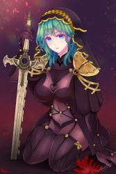 Rule 34 | 1girl, aqua hair, artist name, blue eyes, blurry, bodystocking, bodysuit, breasts, byleth (female) (fire emblem), byleth (fire emblem), closed mouth, cosplay, covered navel, depth of field, fate (series), fire emblem, fire emblem: three houses, flower, highres, holding, holding sword, holding weapon, jewelry, large breasts, looking at viewer, medium hair, nintendo, scathach (fate), scathach (fate) (cosplay), seiza, sitting, solo, spider lily, sword, sword of the creator, vanilla tea-er, veil, weapon