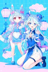 2girls ahoge animal_ears blue_background blue_dress blue_eyes blue_hair blue_ribbon blue_sleeves bow bowtie china_dress chinese_clothes dress furina_(genshin_impact) genshin_impact gloves hair_between_eyes hair_ornament hair_ribbon heterochromia highres light_blue_hair long_hair long_sleeves looking_at_viewer multicolored_hair multiple_girls open_mouth red_eyes ribbon shorts sigewinne_(genshin_impact) smile streaked_hair symbol-shaped_pupils twintails white_gloves white_hair white_shorts yutukicom