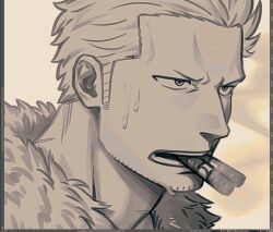 Rule 34 | 1boy, cigar, facial hair, frown, goatee stubble, long sideburns, looking ahead, male focus, mature male, nervous sweating, one piece, portrait, short hair, sideburns, smoker (one piece), smoking, solo, sparse stubble, stubble, sweat, tonta (tonta1231), unfinished
