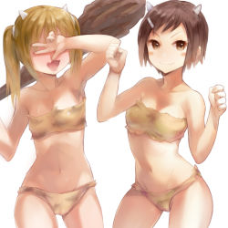 Rule 34 | 2girls, armpits, bare shoulders, blonde hair, blush stickers, breasts, brown eyes, brown hair, clenched hands, club (weapon), contrapposto, covering privates, covering face, covering own eyes, danshi koukousei no nichijou, fang, flat chest, hair ornament, hairclip, hidden eyes, horns, looking at viewer, midriff, multiple girls, naso4, navel, oni, oni horns, open mouth, ringo-chan (danshi koukousei), short hair, short twintails, simple background, small breasts, smile, standing, strapless, tadakuni&#039;s little sister, tube top, twintails, v, v over eye, weapon