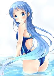Rule 34 | 10s, 1girl, alternate costume, blue eyes, blue hair, blue one-piece swimsuit, blush, from behind, gradient hair, kantai collection, long hair, looking at viewer, looking back, looking to the side, matching hair/eyes, multicolored hair, nikoo, one-piece swimsuit, partially submerged, pool, samidare (kancolle), simple background, smile, solo, swept bangs, swimsuit, very long hair, wading, white background