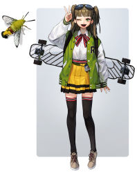 Rule 34 | 1girl, absurdres, black thighhighs, brown footwear, brown hair, bug, collared shirt, eyewear on head, full body, green eyes, hand up, hawk moth, highres, insect, jacket, long hair, long sleeves, moth, one eye closed, open mouth, original, personification, pleated skirt, red ribbon, ribbon, rinotuna, shirt, shirt tucked in, shoes, skateboard, skateboard behind back, skirt, smile, solo, standing, striped ribbon, thighhighs, v, white shirt, yellow skirt