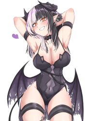 Rule 34 | 1girl, absurdres, adapted costume, black hair, black horns, black tail, breasts, chest belt, choker, cleavage, demon girl, demon horns, demon tail, demon wings, fang, glowing, glowing eyes, grey hair, grin, hair ornament, highres, hololive, hololive english, horns, leotard, looking at viewer, medium breasts, mmneko, multicolored hair, open mouth, shiori novella, shiori novella (1st costume), simple background, smile, solo, split-color hair, tail, twitter username, two side up, upper body, virtual youtuber, white background, wings, yellow eyes