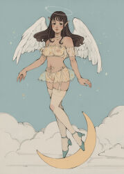 Rule 34 | 1girl, angel wings, black eyes, blue background, blush, brown hair, cloud, commission, covered erect nipples, crescent moon, full body, garter straps, halo, highres, karlovycross, long hair, looking at viewer, moon, navel, original, outdoors, see-through, solo, standing, star (symbol), star print, thighhighs, wings