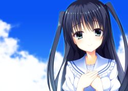 Rule 34 | 1girl, aqua eyes, aria (koiiroharemoyou), black hair, blue sky, blush, closed mouth, cloud, collar, commentary request, day, eyelashes, eyes visible through hair, frilled collar, frills, hair between eyes, hands up, highres, kousaka chihaya, long hair, looking at viewer, natsuzora kanata, one-hour drawing challenge, outdoors, own hands together, sailor collar, shirt, sky, smile, solo, straight-on, straight hair, two side up, upper body, very long hair, white sailor collar, white shirt