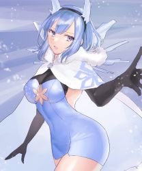 Rule 34 | 1girl, backless dress, backless outfit, black gloves, black sleeves, blue dress, blue hair, breasts, breasts apart, capelet, cleavage cutout, clothing cutout, commentary request, covered erect nipples, covered navel, dress, elbow gloves, fire emblem, fire emblem heroes, fur-trimmed capelet, fur trim, gloves, hair between eyes, hair ornament, hairband, hazuki (nyorosuke), highres, horn ornament, horns, ice horns, looking at viewer, medium breasts, nifl (fire emblem), nintendo, open mouth, purple eyes, short dress, short hair, sidelocks, snow, snowing, solo, thighs, white capelet
