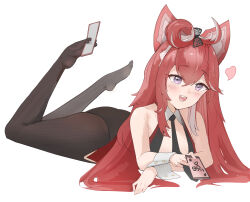 Rule 34 | 1girl, absurdres, animal ears, azur lane, bare shoulders, black leotard, black necktie, black pantyhose, blush, card, collar, fake animal ears, feet, fleuret (azur lane), fleuret (up all knight to get lucky) (azur lane), hair between eyes, heart, highres, holding, holding card, leotard, long hair, looking at viewer, lying, necktie, official alternate costume, on stomach, open mouth, pantyhose, playboy bunny, playing card, purple eyes, red hair, simple background, smile, solo, stenerwg, white background, white collar, wrist cuffs