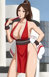 Rule 34 | 1girl, breasts, city, hand fan, fatal fury, highres, large breasts, ponytail, shiranui mai, snk, solo, the king of fighters, x bokkis