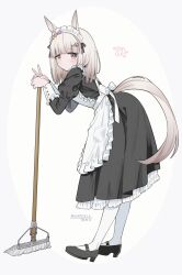 Rule 34 | 1girl, alternate costume, animal ears, brown eyes, commentary request, dated, enmaided, expressionless, full body, grey hair, hair ornament, happy meek (umamusume), highres, horse ears, horse tail, looking at viewer, maid, maid headdress, mop, ryusei (ryusei b), solo, standing, tail, twitter username, umamusume, v, white background