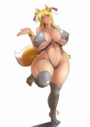 Rule 34 | 1girl, animal ears, bell, beowolf, black thighhighs, blonde hair, breasts, cameltoe, covered erect nipples, curvy, female focus, fox ears, fox tail, groin, hair ornament, head tilt, hip focus, huge breasts, legs, lips, long hair, mature female, navel, puffy nipples, simple background, solo, standing, supi (inner map), tail, tan, thick thighs, thighhighs, thighs, white background, wide hips