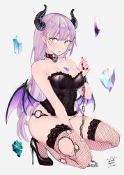 Rule 34 | 1girl, bad id, bad pixiv id, bare shoulders, between breasts, between legs, black footwear, black nails, black panties, breasts, bustier, chain, choker, cleavage, crystal, cuffs, demon horns, demon wings, fishnet thighhighs, fishnets, frills, green eyes, hand up, high heels, highres, horns, lingerie, long hair, looking at viewer, medium breasts, nail polish, original, panties, parted lips, pointy ears, purple hair, signature, simple background, solo, thighhighs, thighs, torn clothes, torn thighhighs, underwear, uni (melm), very long hair, white background, wings
