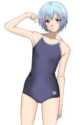 Rule 34 | 1girl, arena (company), ayanami rei, blue hair, competition school swimsuit, flat chest, highres, neon genesis evangelion, one-piece swimsuit, red eyes, reikoenji, school swimsuit, school uniform, short hair, solo, swimsuit