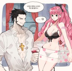 Rule 34 | 1boy, 1girl, abs, anger vein, angry, bare legs, bare shoulders, bikini, black bikini, black eyes, breasts, cleavage, cowboy shot, cup, curvy, dracule mihawk, drill hair, drinking glass, expressionless, hair ornament, joman, korean text, large breasts, long hair, looking at another, navel, one piece, perona, pink hair, short hair, shoulder tattoo, side-tie bikini bottom, swimsuit, tattoo, twitter username, wine glass