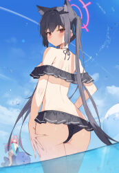 Rule 34 | absurdres, animal ears, ass, bare shoulders, black hair, blue archive, cat ears, frills, halo, hand on own thigh, highres, hoshino (blue archive), hoshino (swimsuit) (blue archive), looking at viewer, official alternate costume, pink hair, red eyes, serika (blue archive), serika (swimsuit) (blue archive), swimsuit, taht (that is mm), thighs, tube, twintails