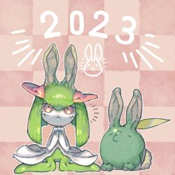 Rule 34 | 1girl, 2023, alternate species, checkered background, chinese zodiac, closed eyes, colored skin, creatures (company), dated, female focus, flat chest, full body, game freak, gen 3 pokemon, green hair, green skin, gulpin, hair between eyes, hands on own chest, hands up, kirlia, long hair, looking up, lowres, multicolored skin, nintendo, notice lines, o3o, outline, own hands together, oyama yoihaya, pokemon, pokemon (creature), rabbit ears, rabbit girl, red background, red eyes, sidelocks, sitting, straight-on, two-tone skin, wariza, white outline, white skin, year of the rabbit
