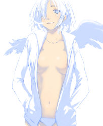 Rule 34 | bad id, bad pixiv id, blue eyes, hair over one eye, highres, nimirom, no bra, open clothes, original, panties, solo, underwear, white hair, wings