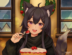 Rule 34 | 1girl, :d, animal ear fluff, animal ears, black hair, black sweater, blush, cake, christmas wreath, commentary, dated, english commentary, food, fork, fox ears, fox tail, fruit, gift art, hair ornament, hairclip, head tilt, holding, holding fork, long hair, long sleeves, looking at viewer, open mouth, original, purple eyes, round teeth, signature, smile, solo, strawberry, sweater, tail, teeth, temachii, upper teeth only, wreath