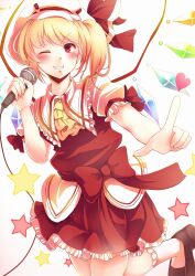 Rule 34 | 1girl, ascot, backlighting, blonde hair, bobby socks, bow, cowboy shot, crystal, flandre scarlet, frilled shirt collar, frilled skirt, frilled sleeves, frills, hat, hat ribbon, highres, holding, holding microphone, index finger raised, kanzakietc, large bow, long neck, medium hair, microphone, multicolored wings, one side up, puffy short sleeves, puffy sleeves, red bow, red ribbon, red skirt, red vest, ribbon, shirt, short sleeves, simple background, skirt, sleeve ribbon, socks, solo, star (symbol), touhou, vest, white background, white hat, white shirt, white socks, wings, yellow ascot