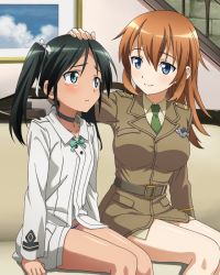 Rule 34 | 2girls, blue eyes, blush, breasts, brown hair, charlotte e. yeager, francesca lucchini, green eyes, green hair, long hair, medium breasts, multiple girls, panties, sitting, small breasts, smile, strike witches, striped clothes, striped panties, tears, twintails, underwear, world witches series