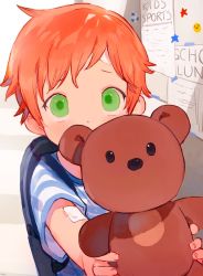 Rule 34 | 1boy, bag, bandaid, child, close-up, commentary, covered face, english commentary, english text, green eyes, hallway, highres, holding, holding stuffed toy, incoming gift, indoors, male focus, nemui (nemuriyagi), original, poster (object), red hair, school, school bag, shirt, solo, sticker, striped clothes, striped shirt, stuffed animal, stuffed toy, symbol-only commentary, teddy bear