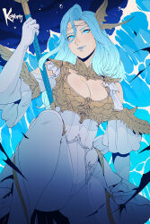 Rule 34 | 1girl, artist name, blue eyes, blue hair, blue lips, breasts, cleavage cutout, clothing cutout, final fantasy, final fantasy xiv, fins, gloves, hair between eyes, head fins, highres, holding trident, koyorin, large breasts, llymlaen, long hair, looking at viewer, shoulder cutout, solo, water, white gloves