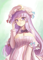 Rule 34 | 1girl, bespectacled, blue bow, blue ribbon, bow, bowtie, breasts, capelet, cleavage, commentary, crescent, crescent hat ornament, dress, frills, glasses, green background, hair bow, hat, hat ornament, hat ribbon, highres, large breasts, long hair, long sleeves, looking at viewer, mob cap, namiki (remiter00), parted lips, patchouli knowledge, purple bow, purple bowtie, purple eyes, purple hair, red-framed eyewear, red bow, red ribbon, ribbon, solo, striped clothes, striped dress, touhou, vertical-striped clothes, vertical-striped dress, very long hair