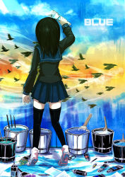 Rule 34 | 1girl, bird, black hair, black thighhighs, blue theme, female focus, from behind, full body, ico (green bullet), paint, paint can, paintbrush, painting (action), school uniform, sky, solo, thighhighs, tiptoes