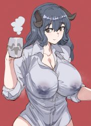 Rule 34 | 1girl, black hair, bow (bhp), breasts, brown eyes, cleavage, closed mouth, covered erect nipples, cow horns, cowboy shot, cup, grey shirt, holding, holding cup, horns, huge breasts, lactation, lactation through clothes, looking at viewer, mug, naked shirt, original, red background, shirt, simple background, smile, solo, standing, wet, wet clothes, wet shirt