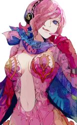 Rule 34 | 1girl, absurdres, asymmetrical hair, blue eyes, blue scarf, breasts, cape, center opening, cleavage, curly eyebrows, dress, gloves, hair over one eye, headphones, highres, large breasts, looking at viewer, navel, one piece, pink dress, pink gloves, pink hair, purple cape, scarf, short hair, simple background, smile, solo, tongue, tongue out, vinsmoke reiju, yadu nadu