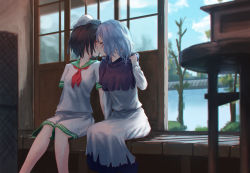 Rule 34 | 2girls, arm support, bare tree, black hair, blue capelet, blue hair, blue sky, blush, breasts, capelet, closed eyes, cloud, commentary request, day, dress, feet out of frame, green sailor collar, hand up, hat, hood, hood down, hooded capelet, indoors, kiss, kumoi ichirin, long sleeves, multiple girls, murasa minamitsu, neckerchief, profile, red neckerchief, roke (taikodon), sailor collar, sailor hat, sailor shirt, shirt, short hair, short sleeves, shorts, sitting, sky, sliding doors, small breasts, touhou, tree, white dress, white hat, white shirt, white shorts, yuri