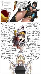 Rule 34 | 3girls, armored leotard, black hair, blonde hair, blood, blood on face, blue hair, box, breasts, brown hair, chime (nikke), closed mouth, colored inner hair, commentary, crown (nikke), dark-skinned female, dark skin, drill hair, english commentary, english text, facebook logo, facebook username, feet out of frame, goddess of victory: nikke, hair between eyes, highres, holding, holding box, indivilia (nikke), injury, instagram logo, instagram username, large breasts, leotard, long hair, looking down, malachite 27346, mechanical tail, missing tooth, multicolored hair, multiple girls, open mouth, red eyes, smug, speech bubble, standing, tail, tail blade, teeth, twitter username, twitter x logo, upper body