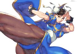 Rule 34 | 1girl, black eyes, blue dress, bracelet, breasts, bright pupils, brown hair, brown pantyhose, bun cover, capcom, chun-li, closed mouth, double bun, dress, faux traditional media, fighting stance, fine fabric emphasis, hair bun, hands up, highres, incoming attack, jewelry, kotatsu (g-rough), large breasts, leotard, leotard peek, looking at viewer, pantyhose, pelvic curtain, sash, short hair, signature, simple background, solo, spiked bracelet, spikes, standing, standing on one leg, street fighter, white background, white pupils, white sash